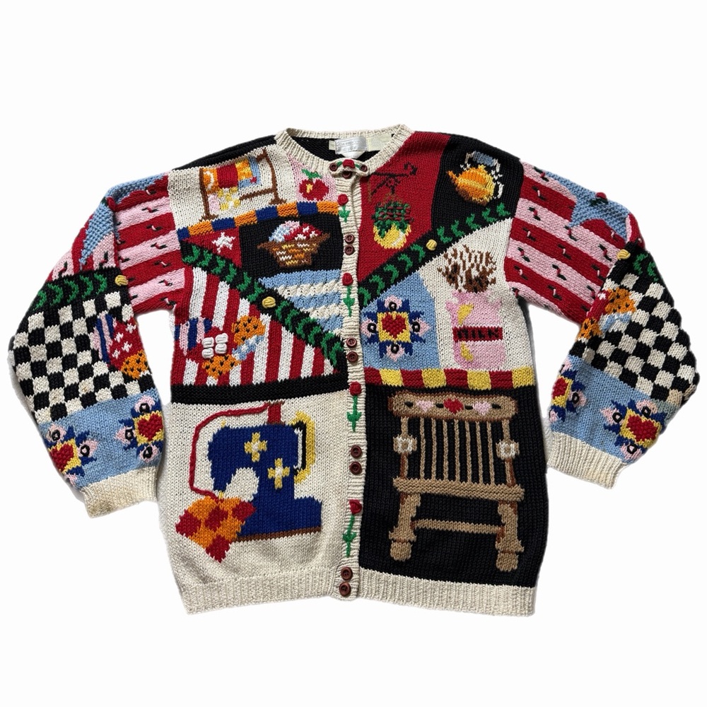 VTG 90s HandKnit Easter Bunnies Sewing Cottage Core Patchwork Cardigan Sweater M